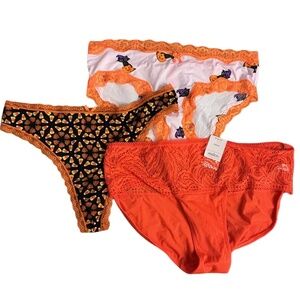 Halloween Panties, Candy Corn Thong, Black Cat Pumpkin Bikini, Lace Hipster, M